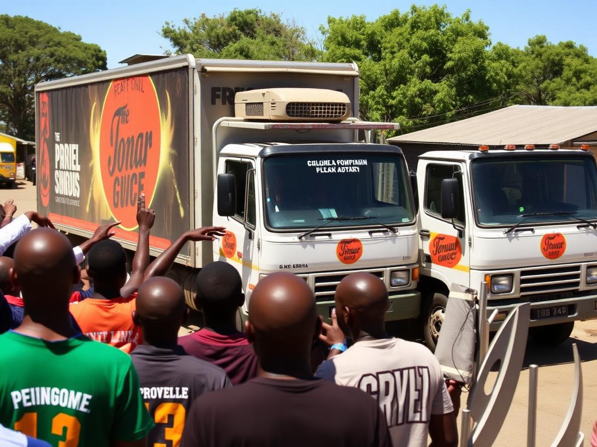 Road show truck attracting a crowd in a South African township