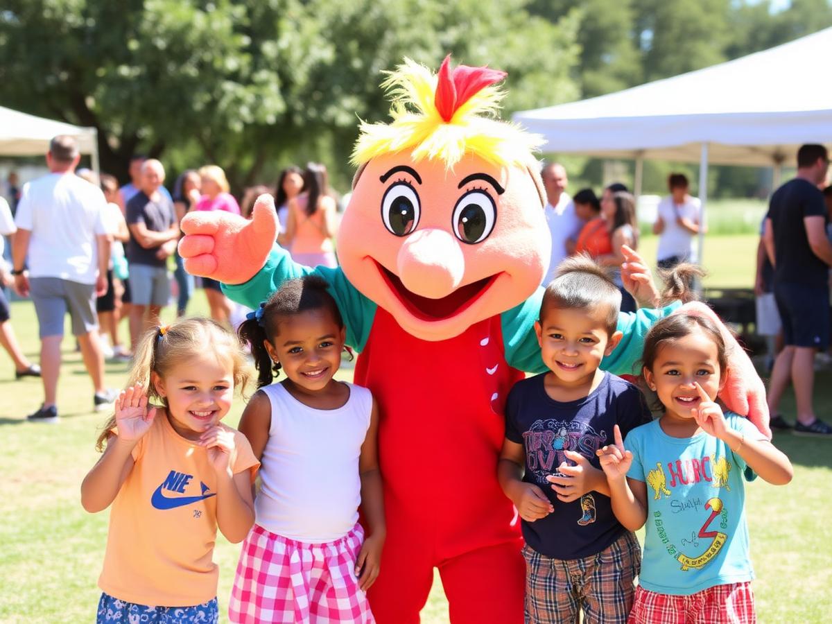 Colourful mascot posing with children at a family event