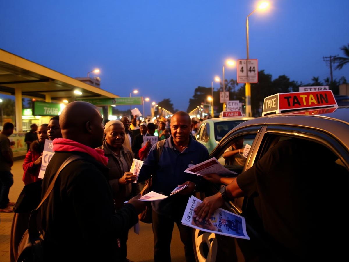 Promoters distributing pamphlets at a taxi rank at dawn